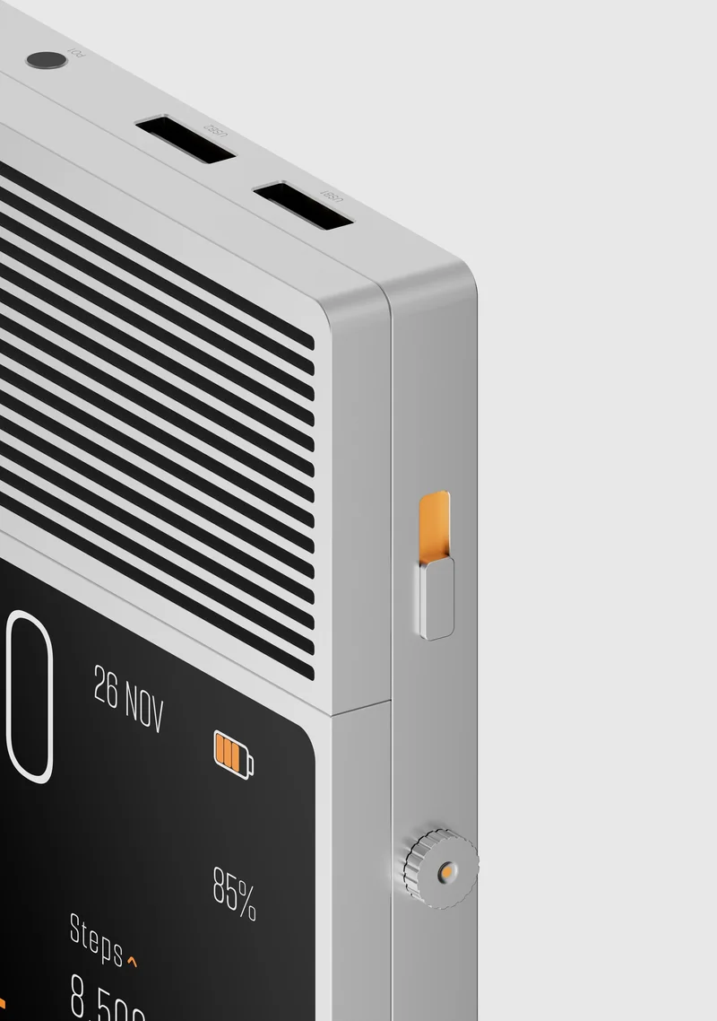 AO–S12 — A light housing, fine edges and functional accents in a series of product visualizations.