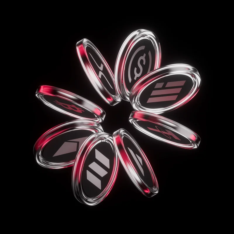 Ferron — Digital assets in glass and metal. Silver contours, dark depth and red light.