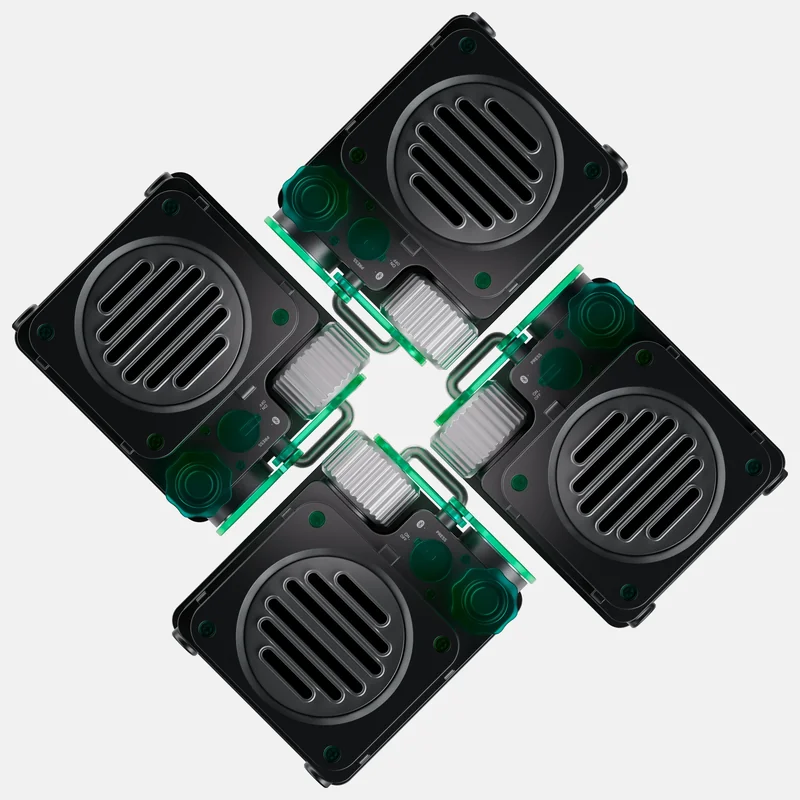 Viridian Wave — Black housing, translucent green elements and precise geometry. A series of product compositions and close-ups.